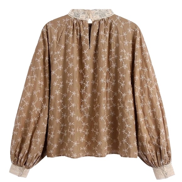 NEW Zara Beige Peasant Blouse with Balloon Sleeve Embroidered High Neck Blouse - Picture 8 of 8